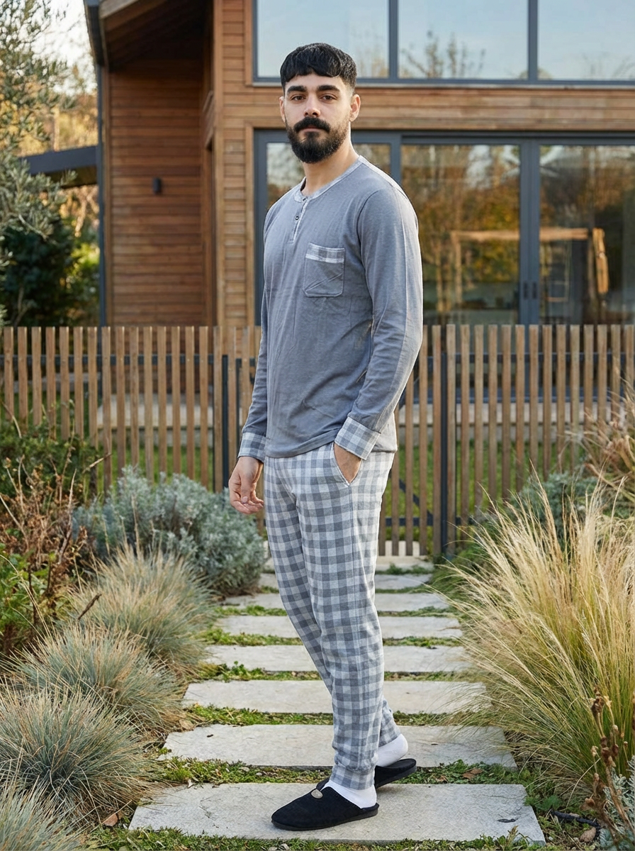 Pyjama Homme Hiver Velours Gris Clair & Carreaux – Importé d’Espagne - (KF 34)