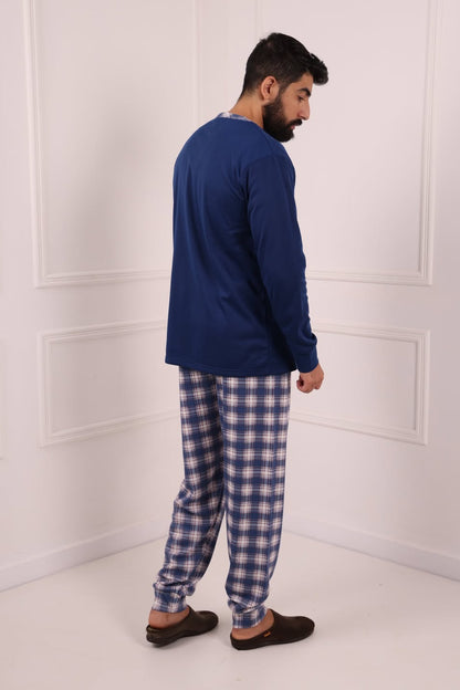 Pyjama homme bleu marine avec pantalon carreaux Maroc