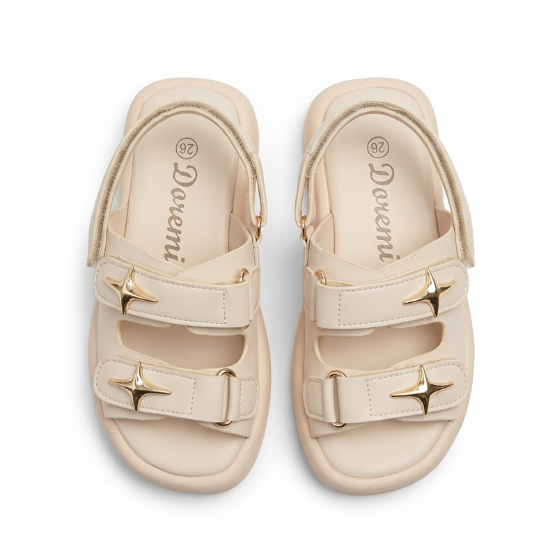 Sandales Fille Beige Crème Étoile Dorée – Semelle Plateforme – Importées d'Espagne 🇪🇸