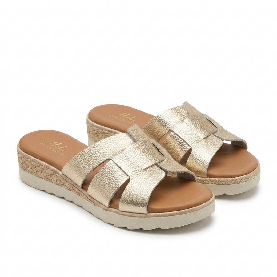 Sandales Femme Style H Cuir Métallisé Doré - Compensée Raphia -Importées d'Espagne 🇪🇸