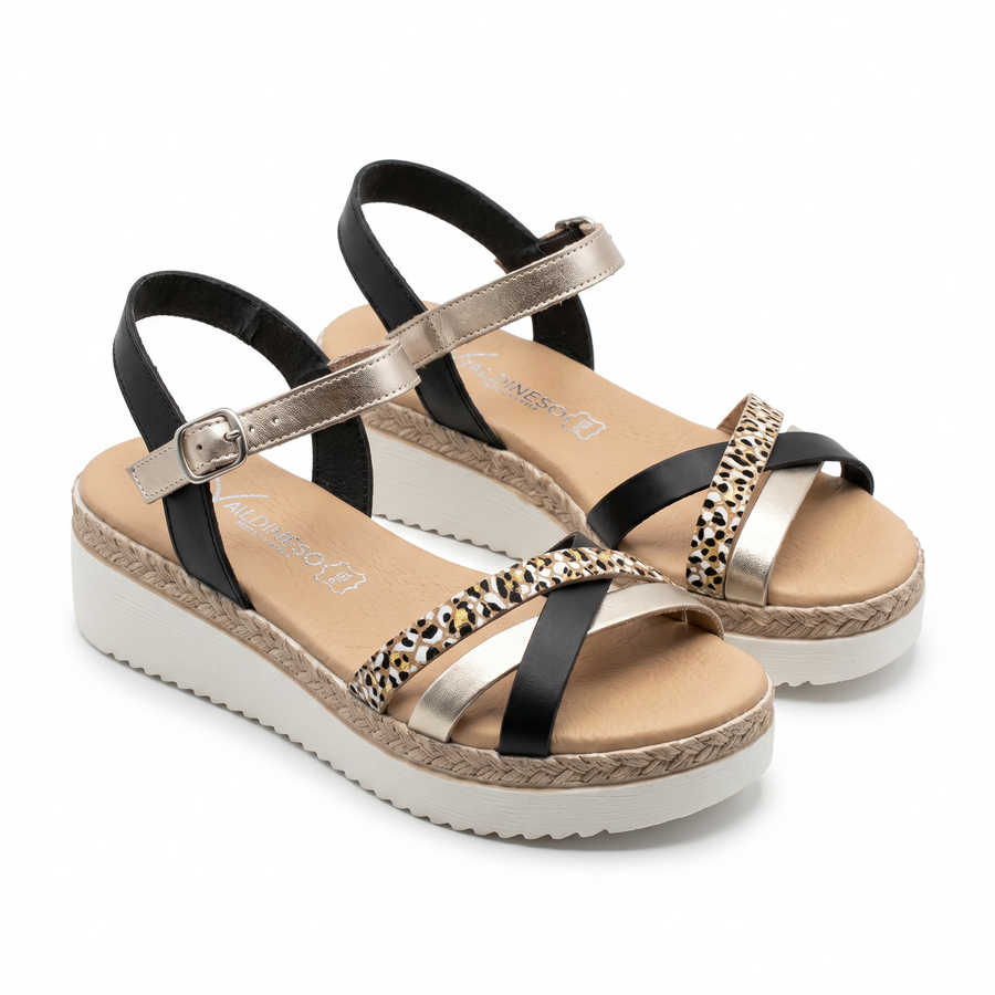 Sandale Femme VALDIVIESO – Fabriquées en Espagne 🇪🇸 – Léopard Noir Or