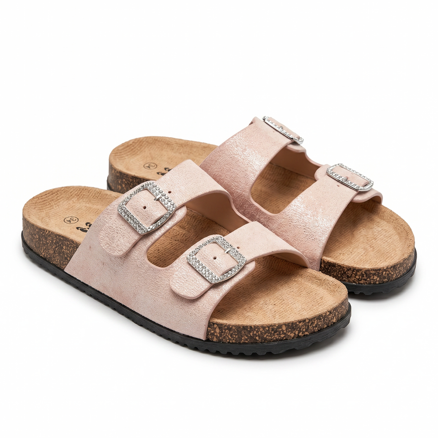 Sandales Fille Paillettes Rose – Double Boucle Strass – Importées d'Espagne 🇪🇸