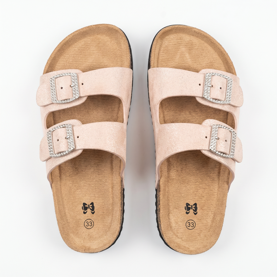 Sandales Fille Paillettes Rose – Double Boucle Strass – Importées d'Espagne 🇪🇸