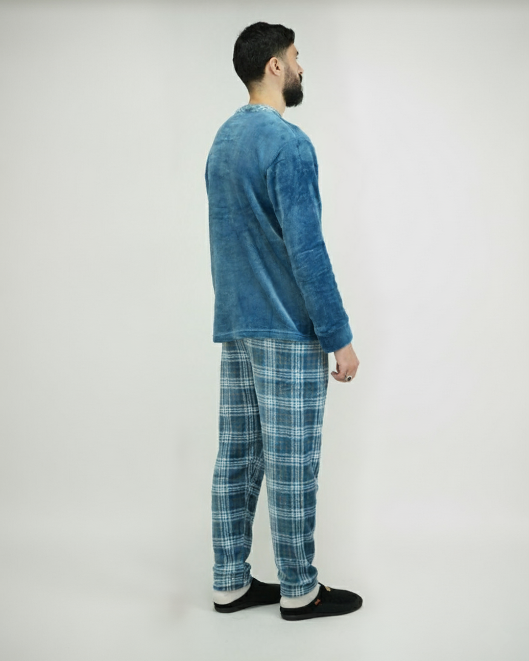 Pyjama Homme Hiver Velours Bleu Azur & Carreaux – Importé d’Espagne (KF 46)