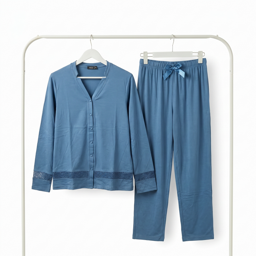 Pyjama Tress Femme Bleu Élégant – Importé d’Espagne 🇪🇸