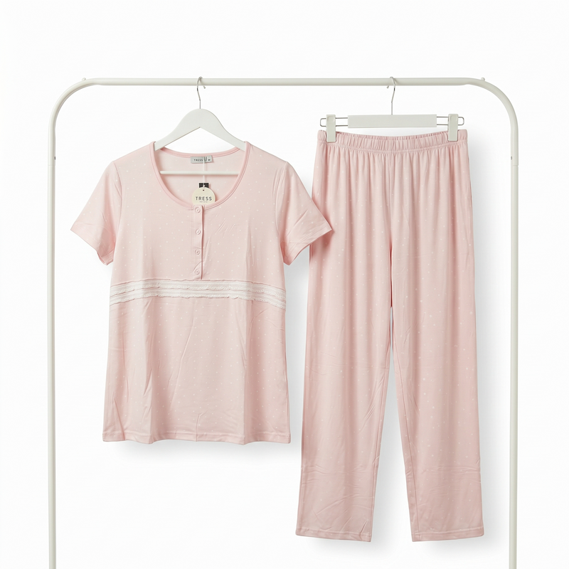 Pyjama Tress Femme Rose Clair avec Dentelle – Importé d’Espagne 🇪🇸