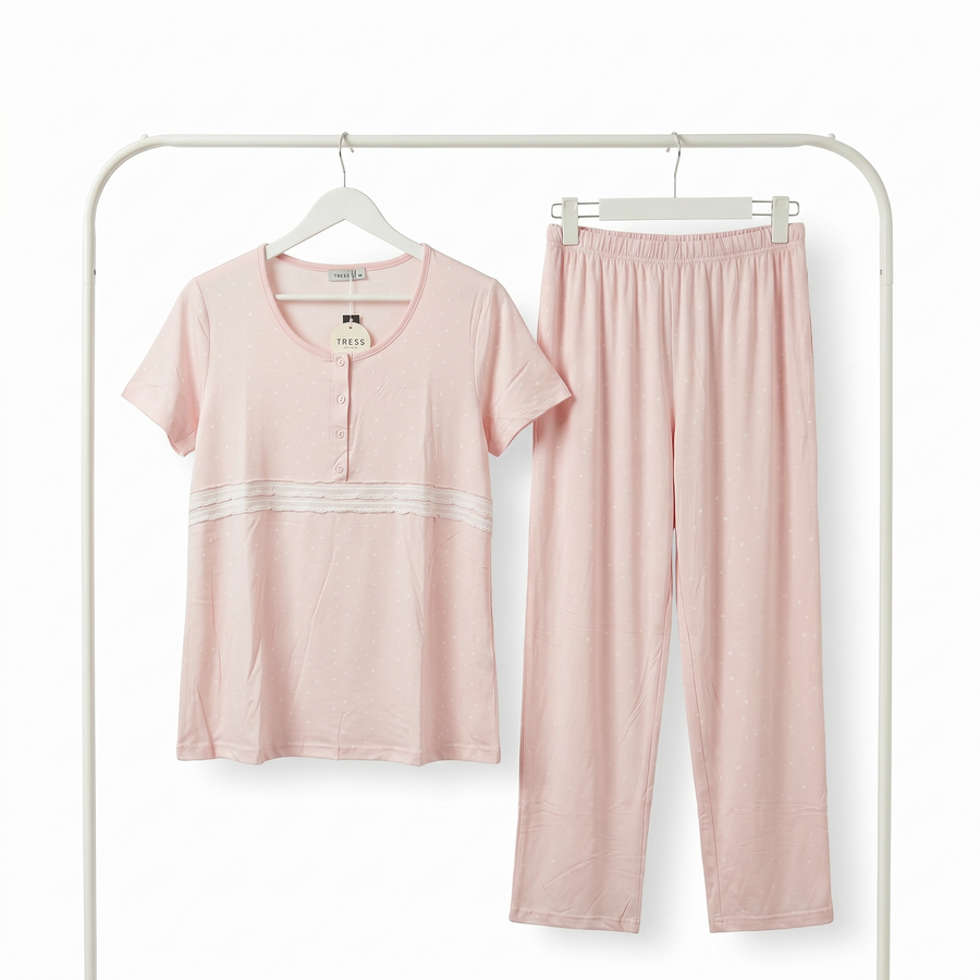 Pyjama Tress Femme Rose Clair avec Dentelle – Importé d’Espagne 🇪🇸