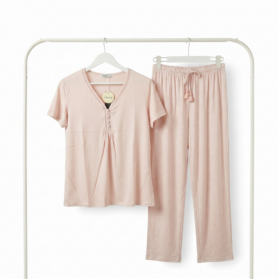 Pyjama Tress Femme Rose Nude Élégant  – Importé d’Espagne 🇪🇸
