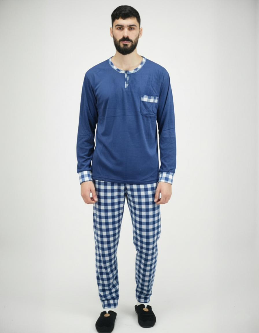 Pyjama en coton doux Bombas — bleu marine et carreaux blancs — idéal pour l’hiver.