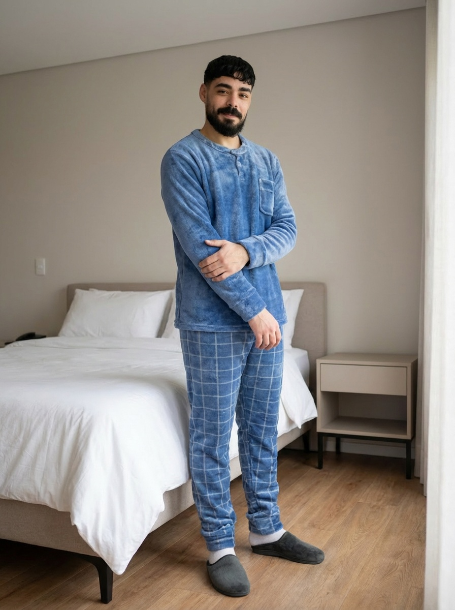 Pyjama homme bleu ciel à carreaux confortable pour l’hiver