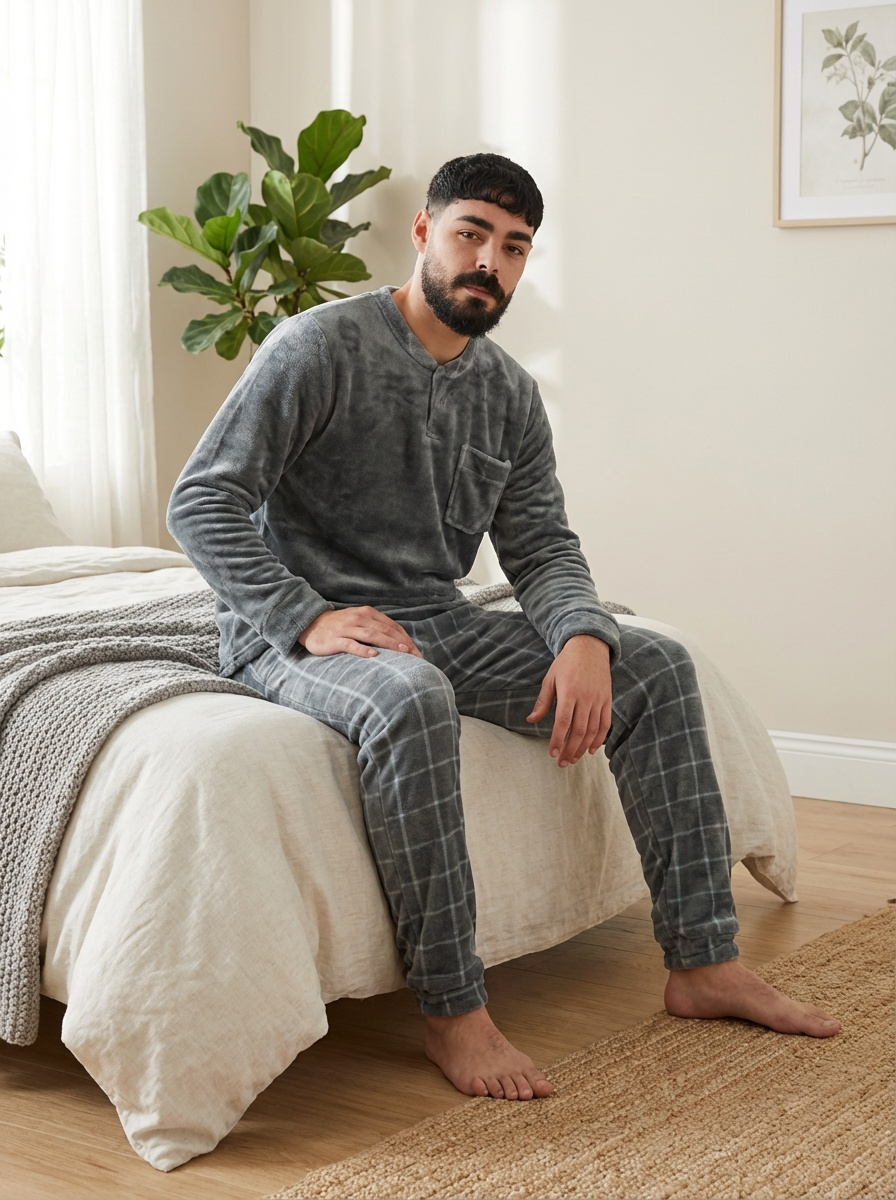 Pyjama homme gris foncé à carreaux confortable pour l’hiver