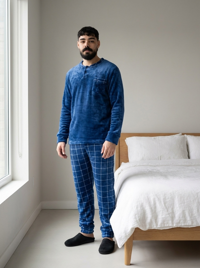 Pyjama Homme Velours Bleu Profond – Élégant & Confortable (KF 50)