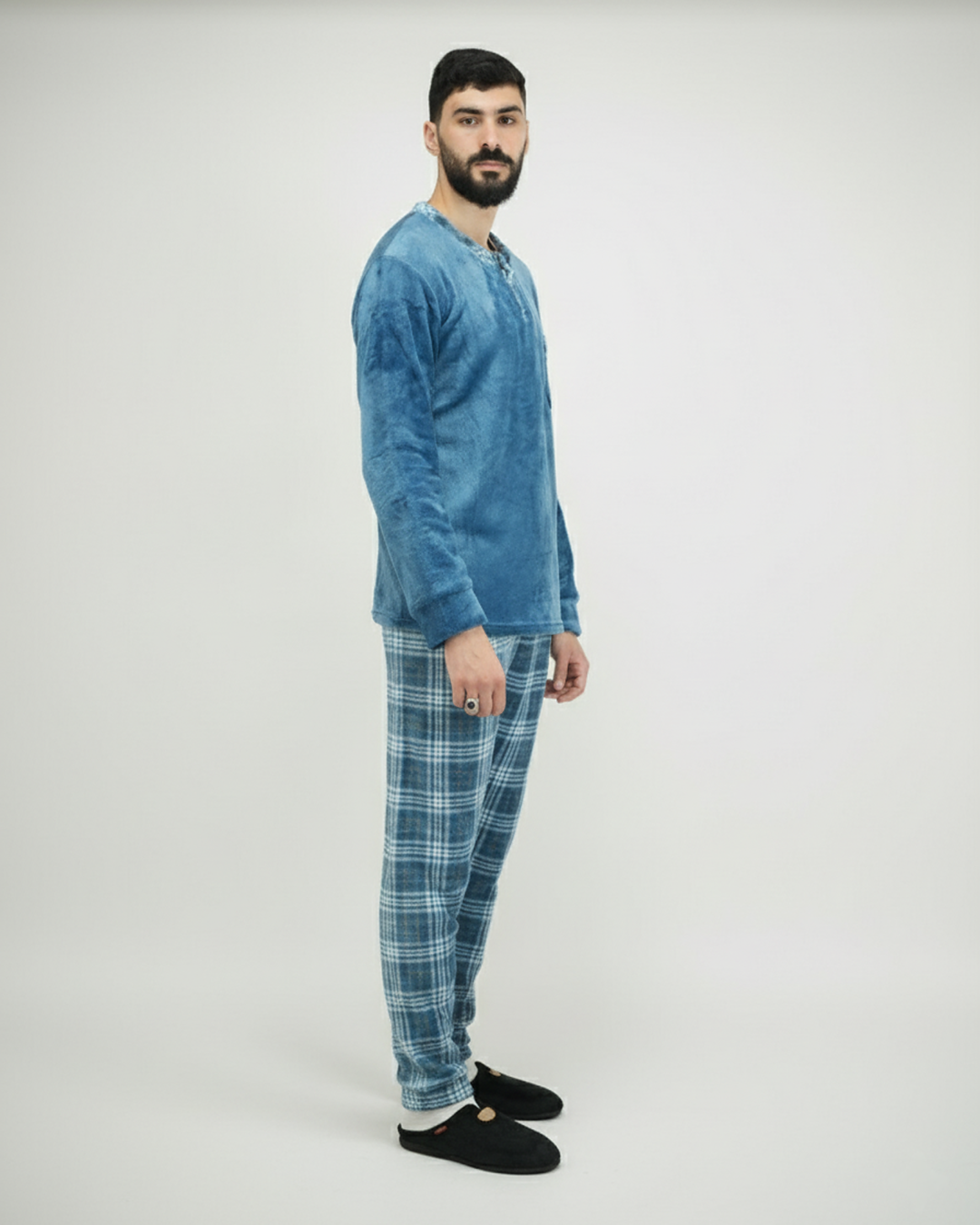 Pyjama Homme Hiver Velours Bleu Azur & Carreaux – Importé d’Espagne (KF 46)