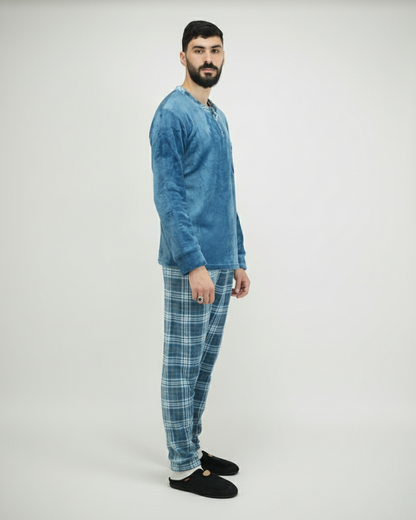 Pyjama Homme Hiver Velours Bleu Azur & Carreaux – Importé d’Espagne (KF 46)