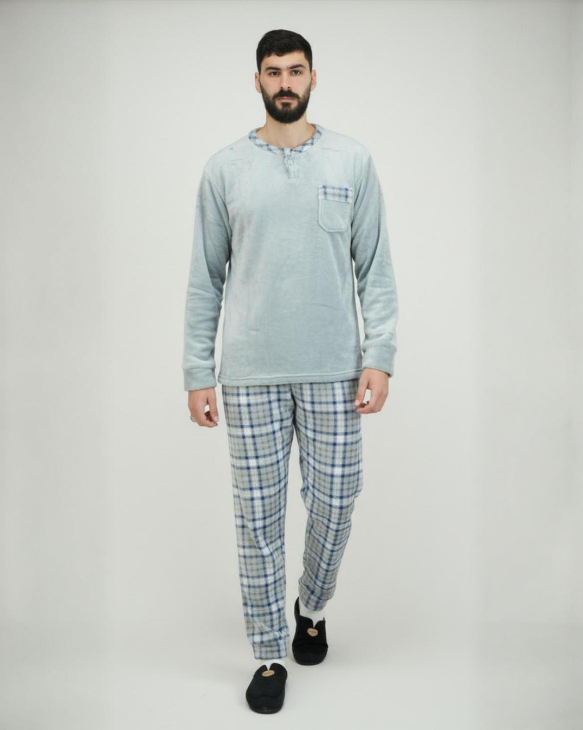 Pyjama homme hiver confortable avec pantalon à carreaux, vêtement de nuit chaud disponible au Maroc