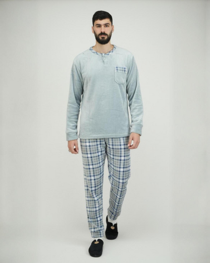 Pyjama homme hiver confortable avec pantalon à carreaux, vêtement de nuit chaud disponible au Maroc