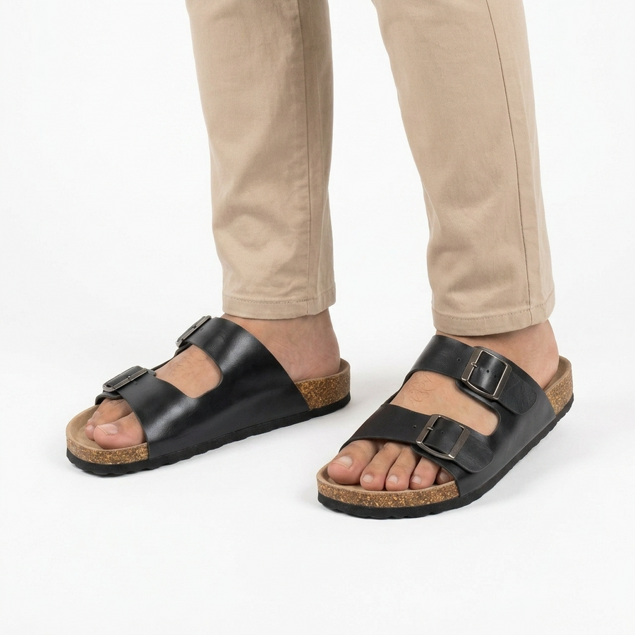 Sandales Homme Doubles Brides à Boucles Métalliques – Importées d'Espagne 🇪🇸 – Noir