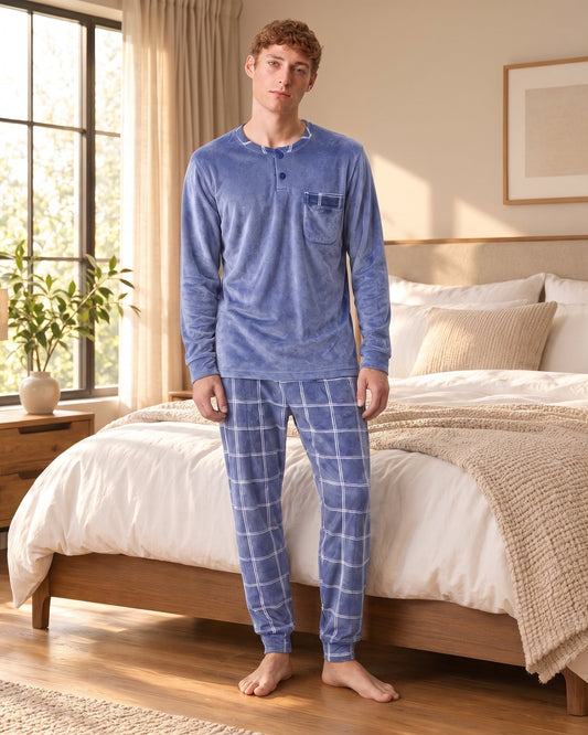 Pyjama Homme Hiver Velours Carreaux Bleu Ardoise, haut à manches longues et pantalon à carreaux – vue principale.