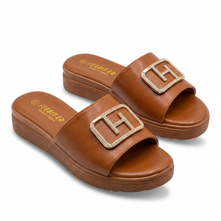 Sandale Femme FEEBIT.ER – Cognac Boucle Dorée Strass – Importées d'Espagne 🇪🇸