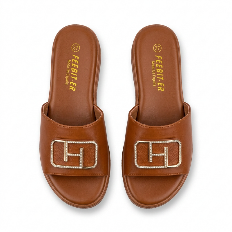 Sandale Femme FEEBIT.ER – Cognac Boucle Dorée Strass – Importées d'Espagne 🇪🇸