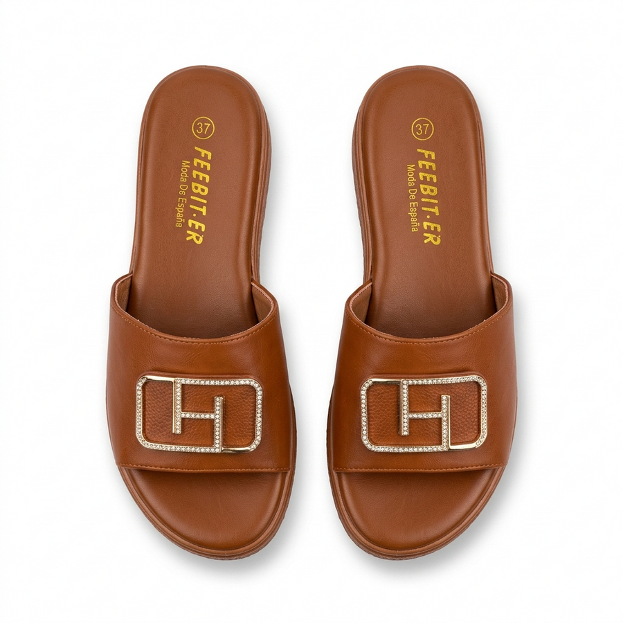 Sandale Femme FEEBIT.ER – Cognac Boucle Dorée Strass – Importées d'Espagne 🇪🇸