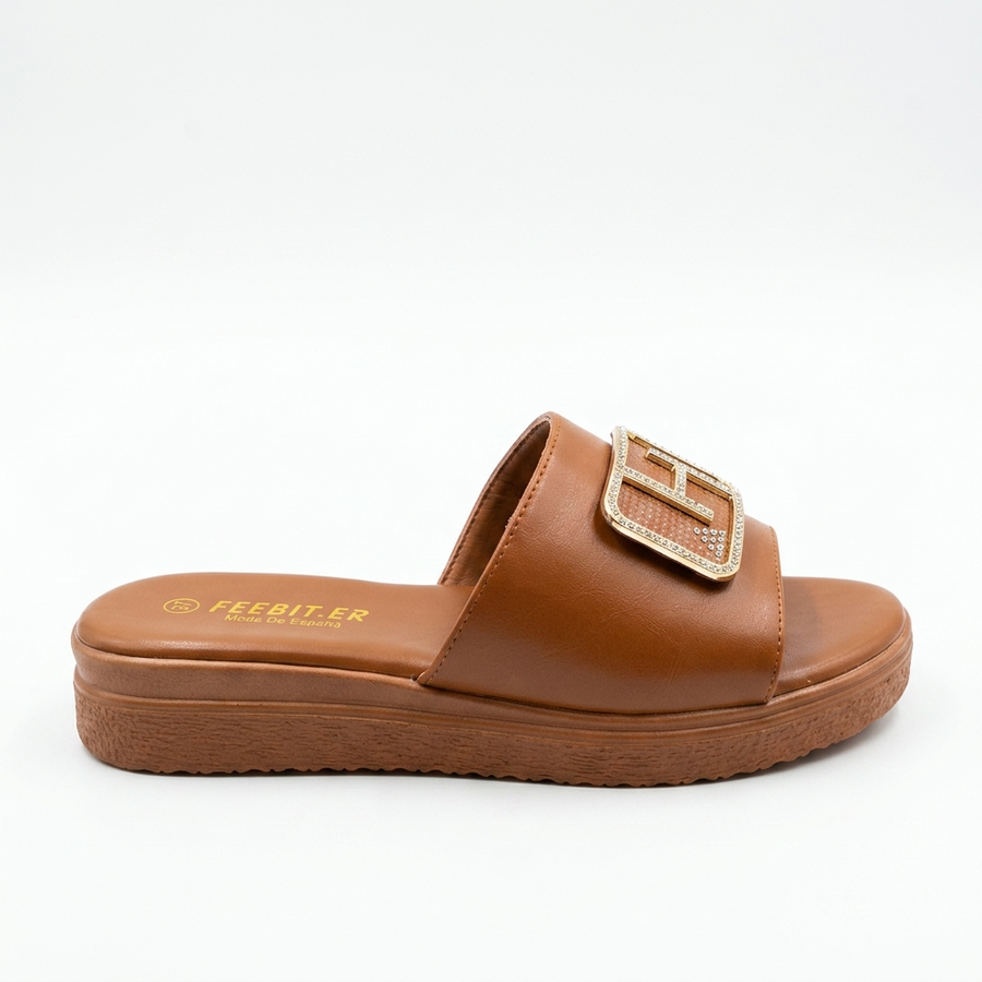 Sandale Femme FEEBIT.ER – Cognac Boucle Dorée Strass – Importées d'Espagne 🇪🇸