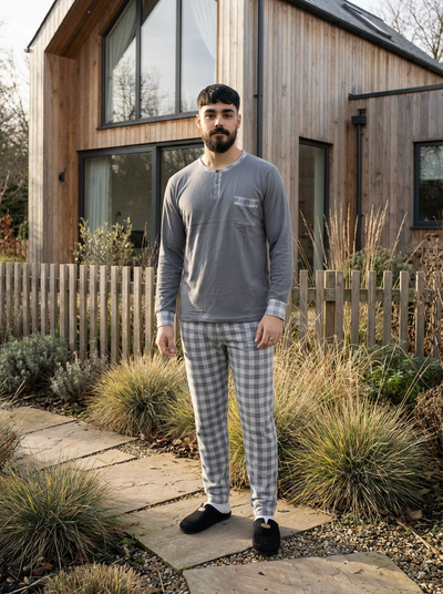 Pyjama Homme Hiver Velours Gris Clair & Carreaux – Importé d’Espagne - (KF 34)