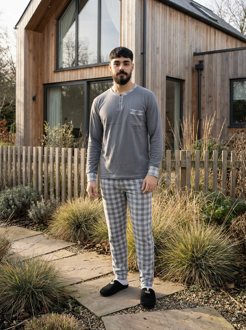 Pyjama Homme Hiver Velours Gris Clair & Carreaux – Importé d’Espagne - (KF 34)