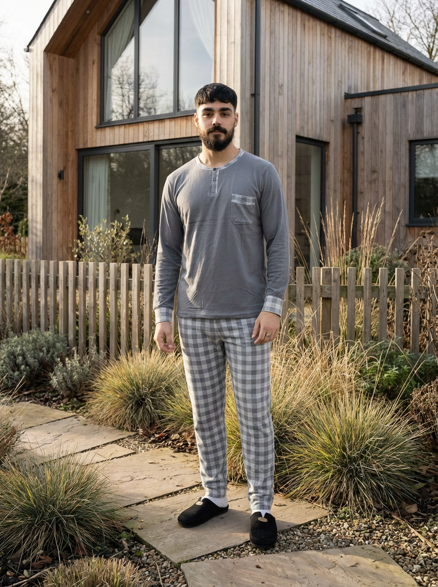 Pyjama Homme Hiver Velours Gris Clair & Carreaux – Importé d’Espagne - (KF 34)