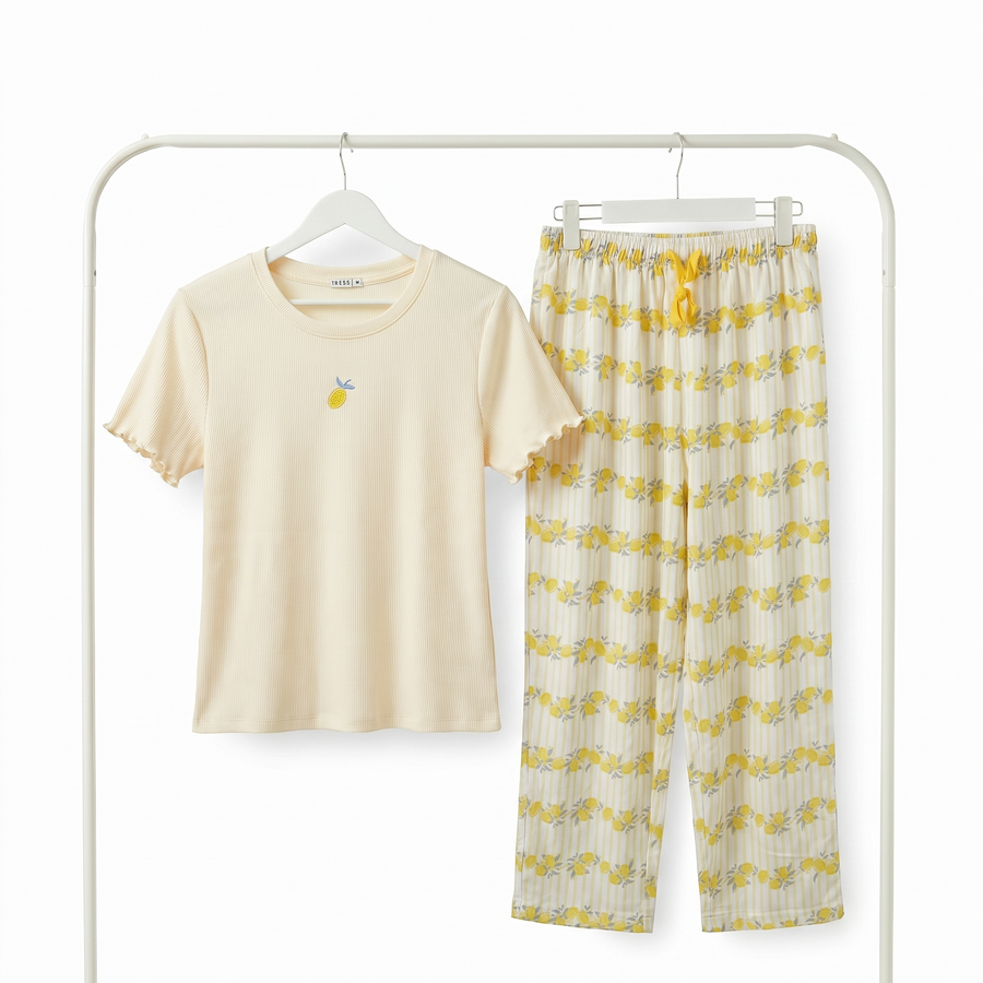 Pyjama Tress Femme Crème & Jaune – Importé d’Espagne 🇪🇸