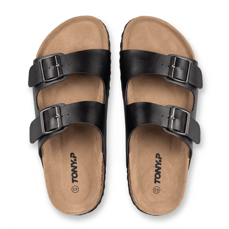 Sandales Homme Doubles Brides à Boucles Métalliques – Importées d'Espagne 🇪🇸 – Noir