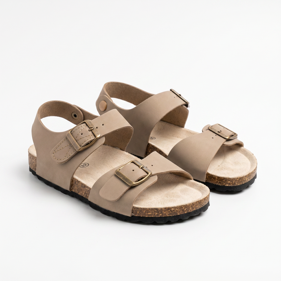 Sandale Enfant Double Boucle Réglable – Beige Taupe / Liège – Importées d'Espagne 🇪🇸