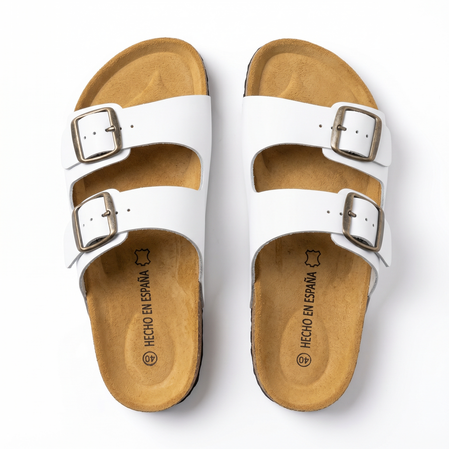 Sandales Homme Blanches Doubles à Boucles Métalliques – Fabriquées en Espagne 🇪🇸