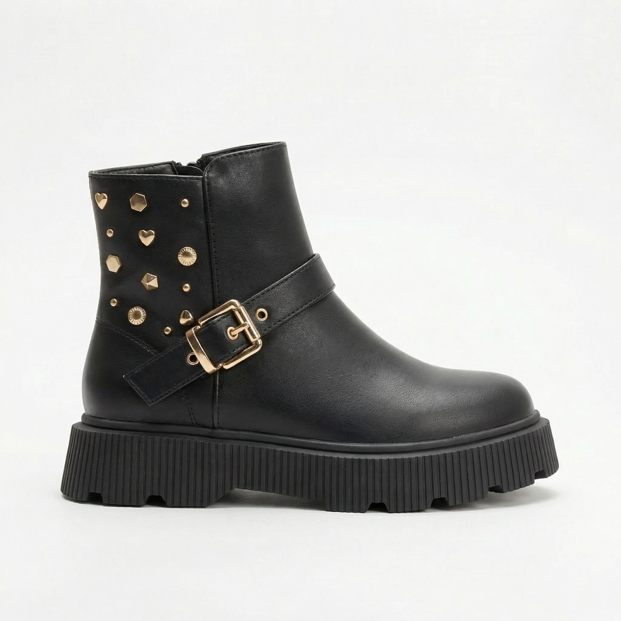 Bottines Fille Noir Boucle & Clous Dorés – Importées d’Espagne 🇪🇸