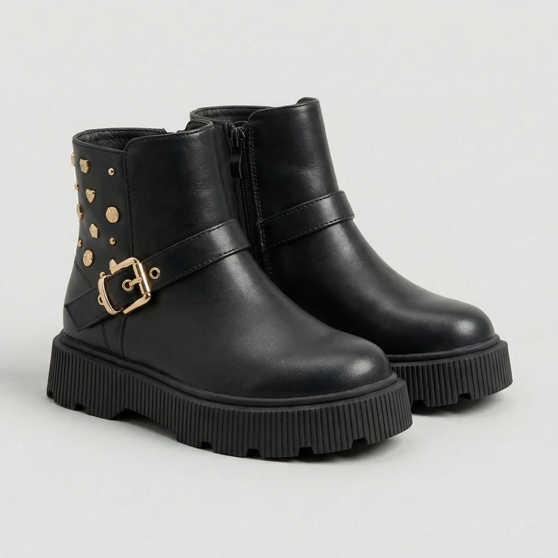 Bottines Fille Noir Boucle & Clous Dorés – Importées d’Espagne 🇪🇸