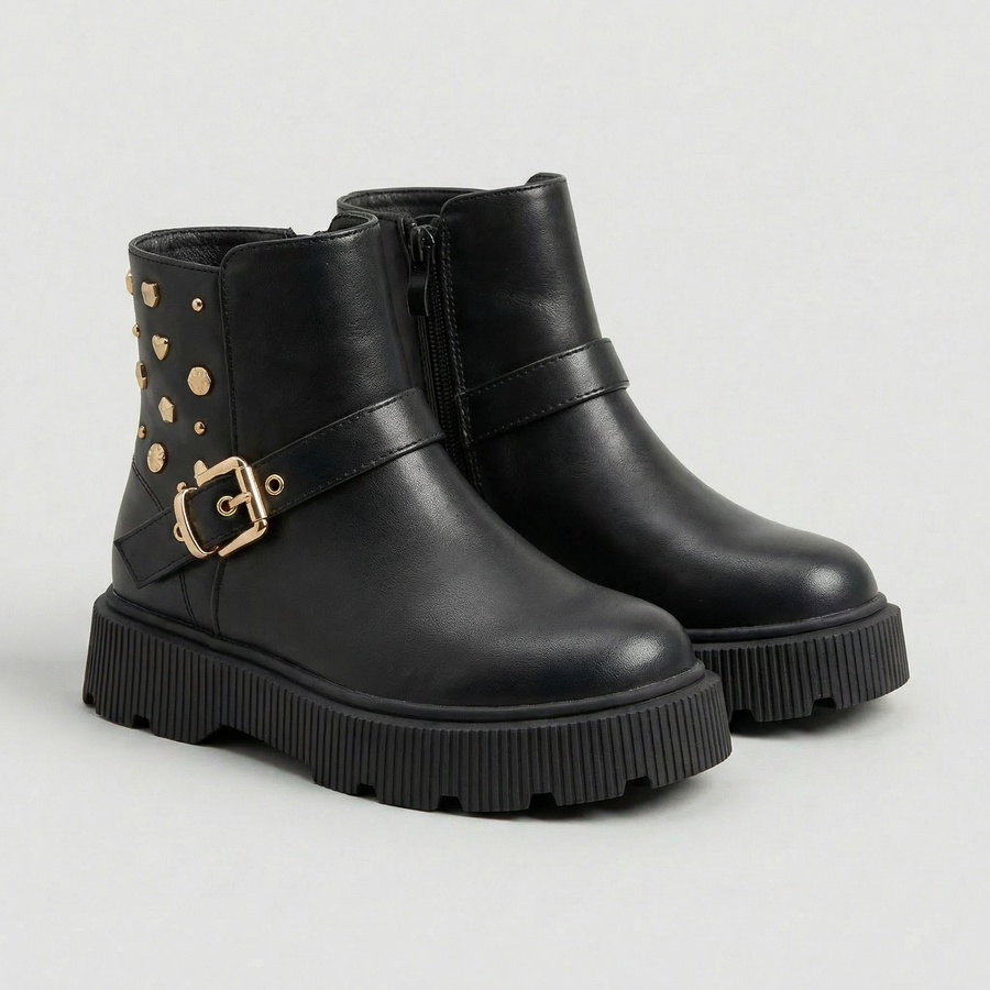 Bottines Fille Noir Boucle & Clous Dorés – Importées d’Espagne 🇪🇸