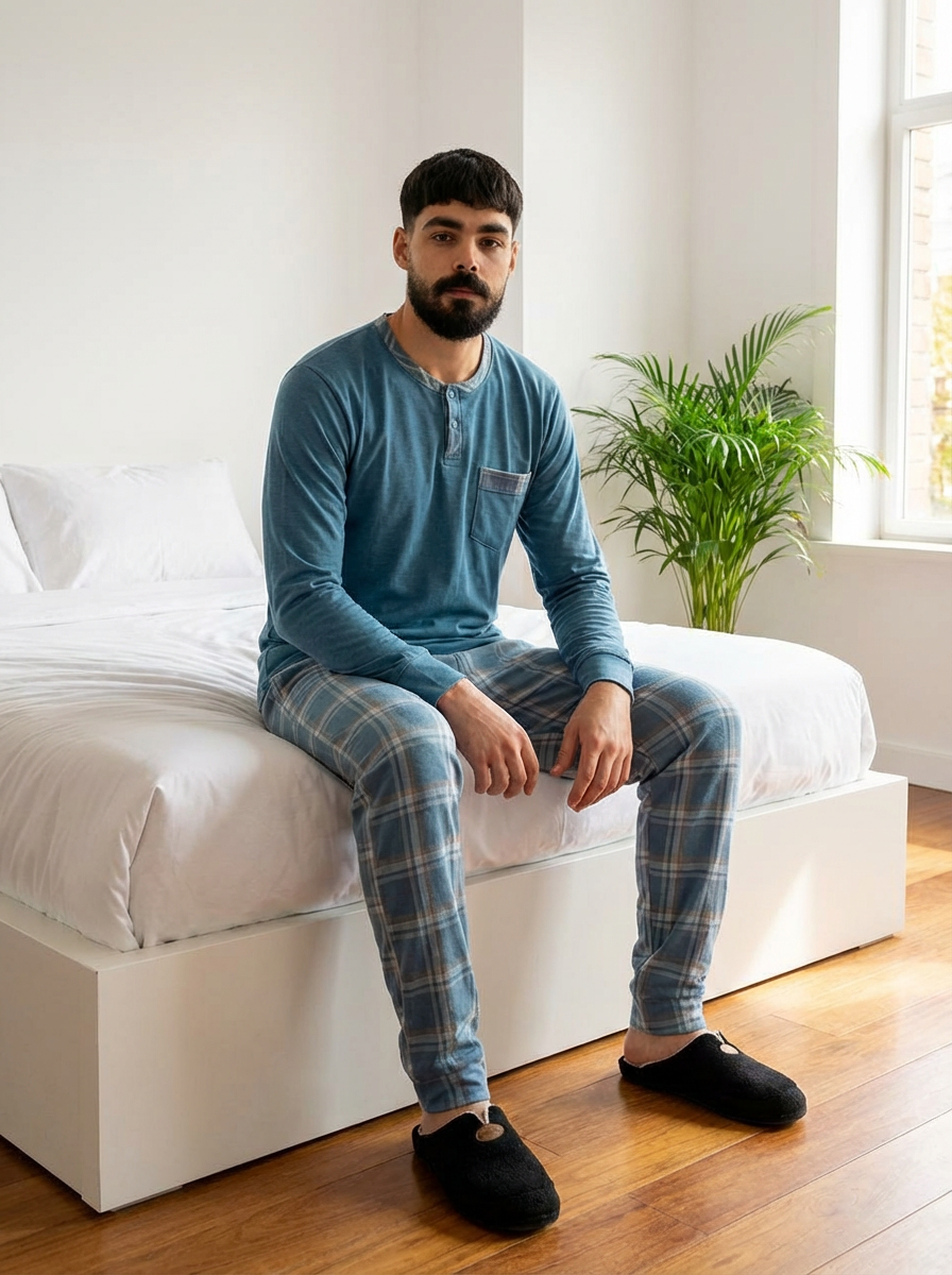 Pyjama Homme Hiver Velours Bleu Pétrole & Carreaux – Importé d’Espagne (KF 36)