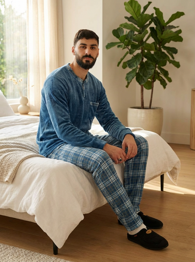 Pyjama Homme Hiver Velours Bleu Azur & Carreaux – Importé d’Espagne (KF 46)