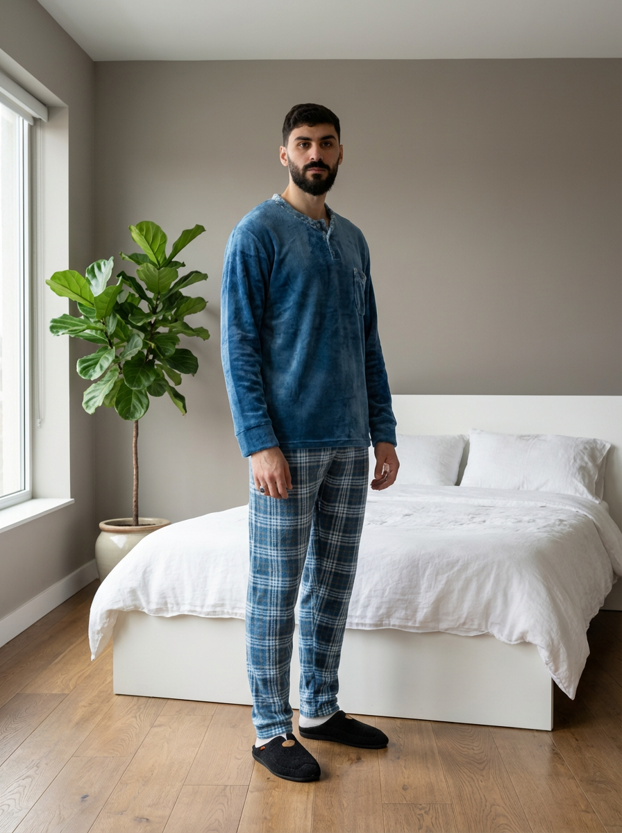Pyjama Homme Hiver Velours Bleu Azur & Carreaux – Importé d’Espagne (KF 46)