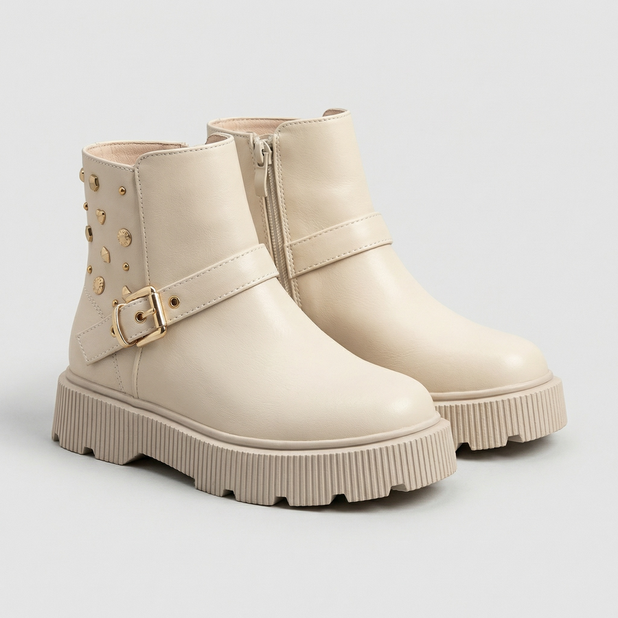 Bottines Fille Ivoire Boucle & Clous Dorés – Importées d’Espagne 🇪🇸