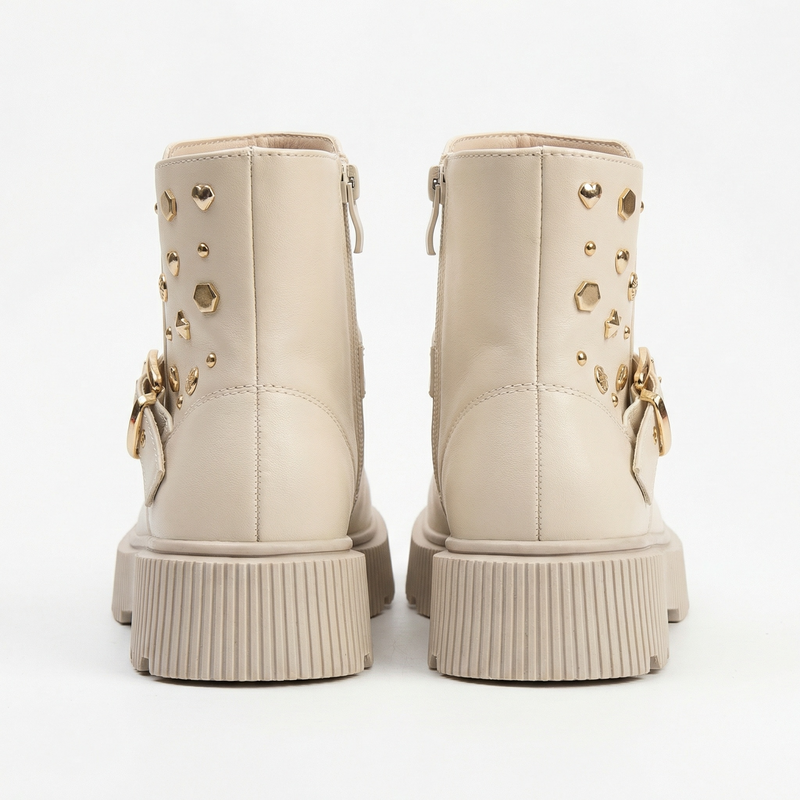 Bottines Fille Ivoire Boucle & Clous Dorés – Importées d’Espagne 🇪🇸