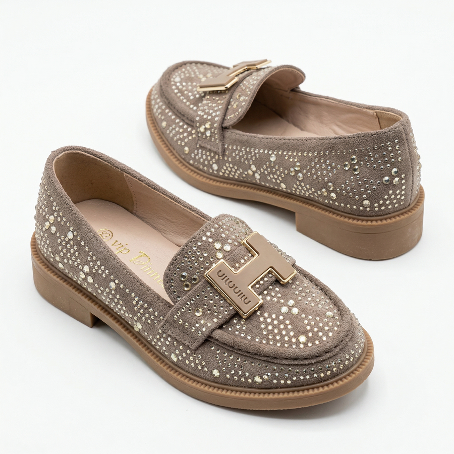 Mocassins Fille Taupe à Boucle Dorée – Importés d’Espagne 🇪🇸