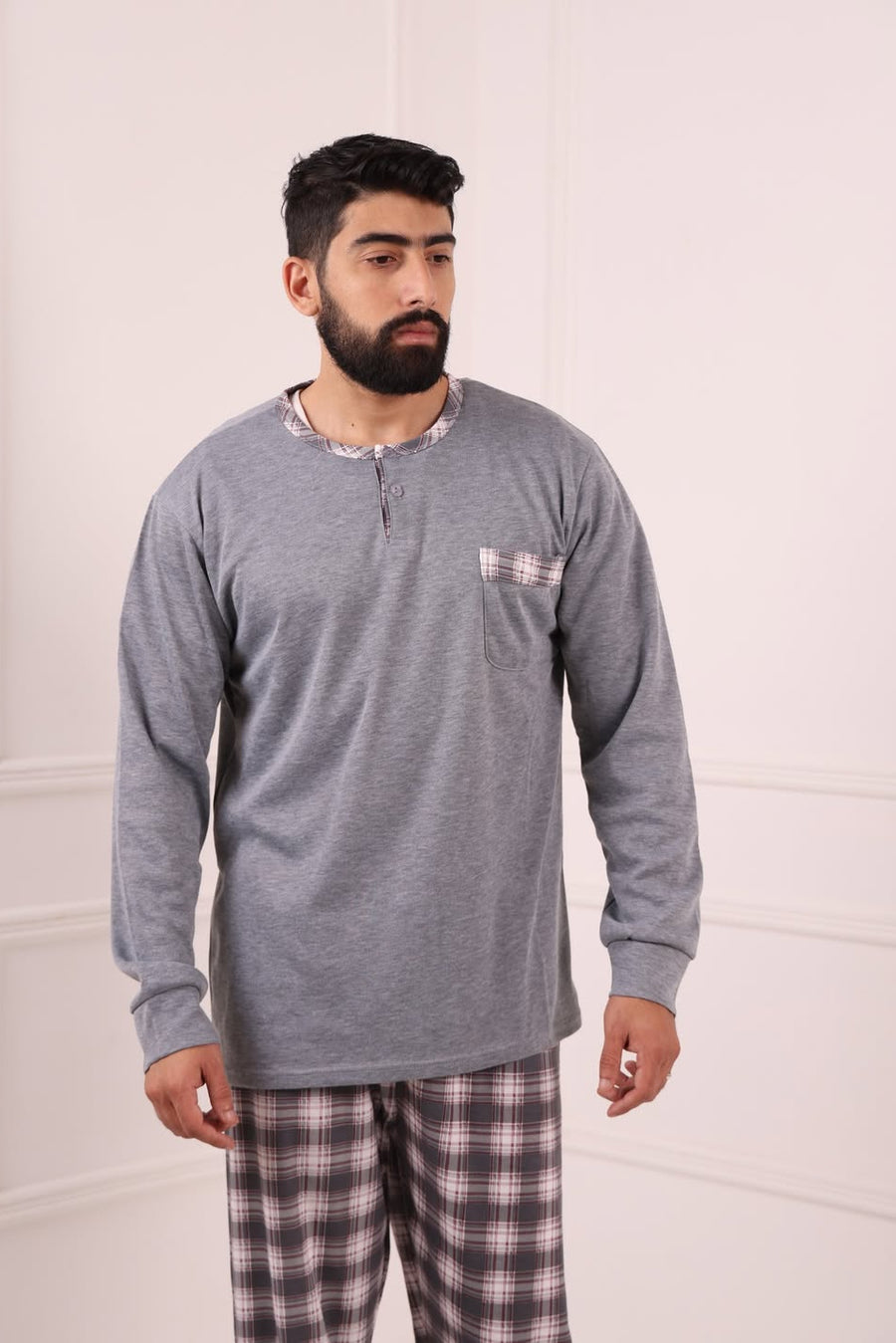 Pyjama Homme Hiver Gris & Carreaux – Coton Premium (KF 47)
