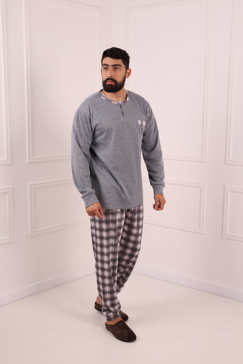 Pyjama Homme Hiver Gris & Carreaux – Coton Premium (KF 47)