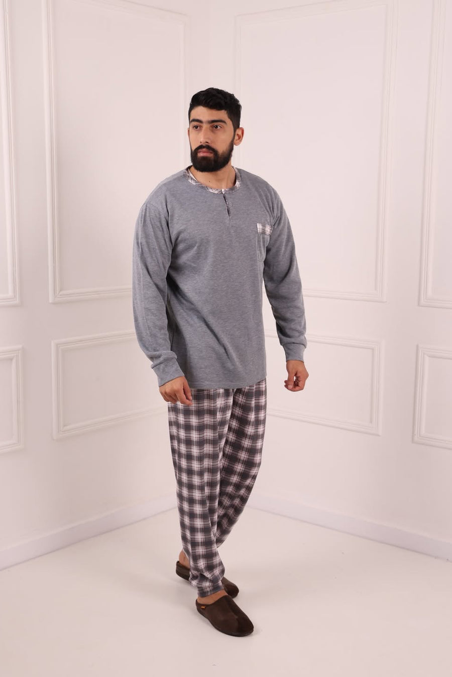 Pyjama Homme Hiver Gris & Carreaux – Coton Premium (KF 47)