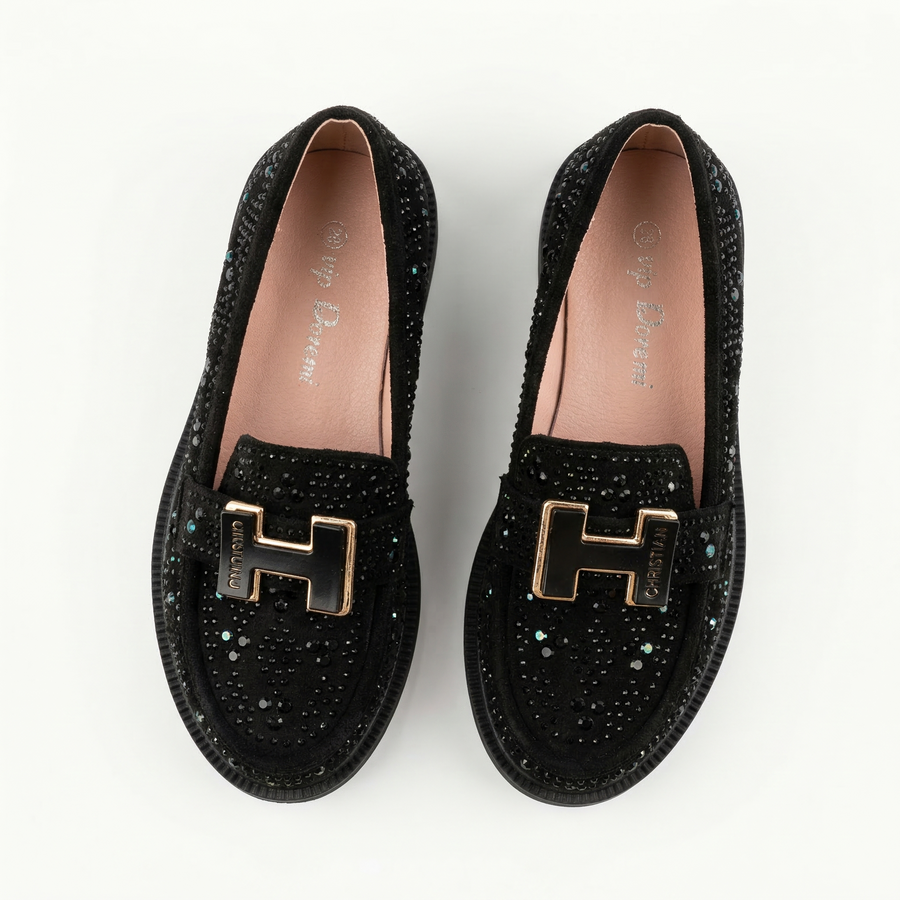 Mocassins Fille Noirs à Boucle Dorée – Importés d’Espagne 🇪🇸