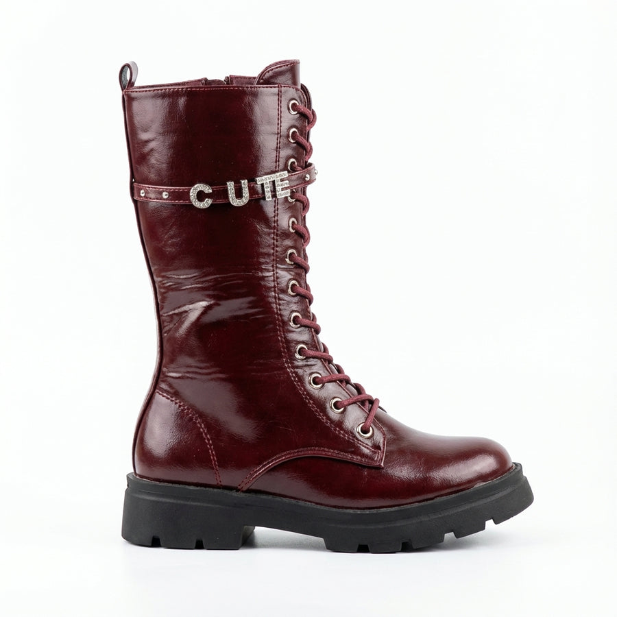 Bottes Fille Combat Chic en Cuir Bordeaux – Importées d’Espagne 🇪🇸
