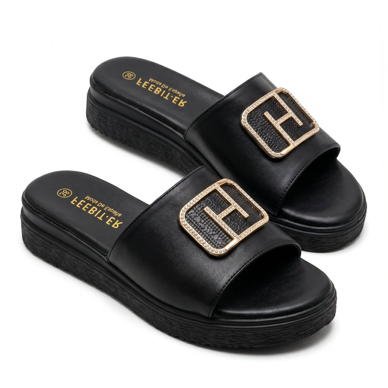 Sandales Femme FEEBIT.ER – Noires à Boucle Strass Dorée – Importées d'Espagne 🇪🇸
