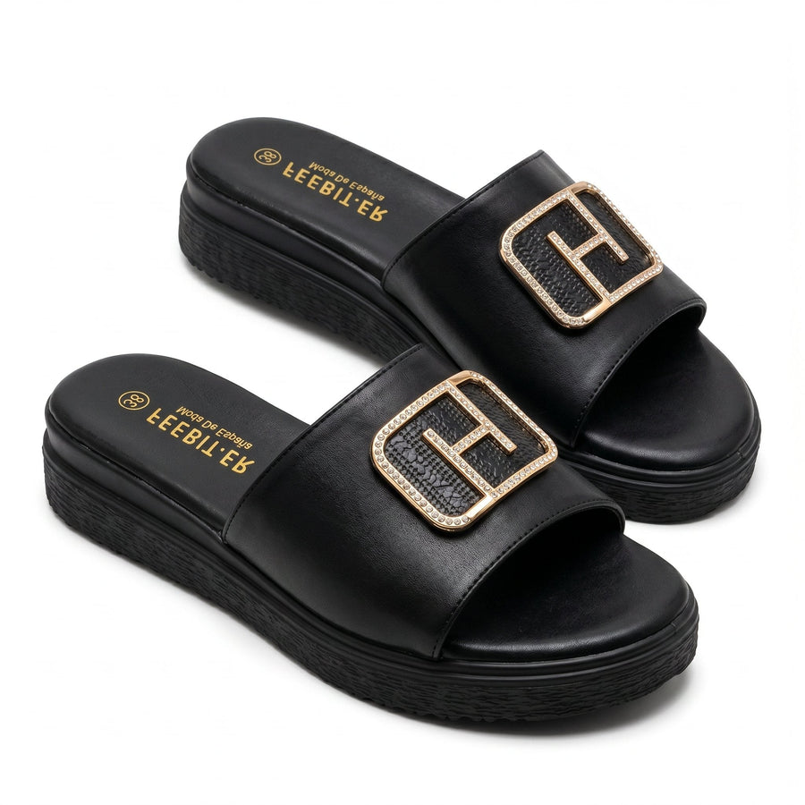 Sandales Femme FEEBIT.ER – Noires à Boucle Strass Dorée – Importées d'Espagne 🇪🇸