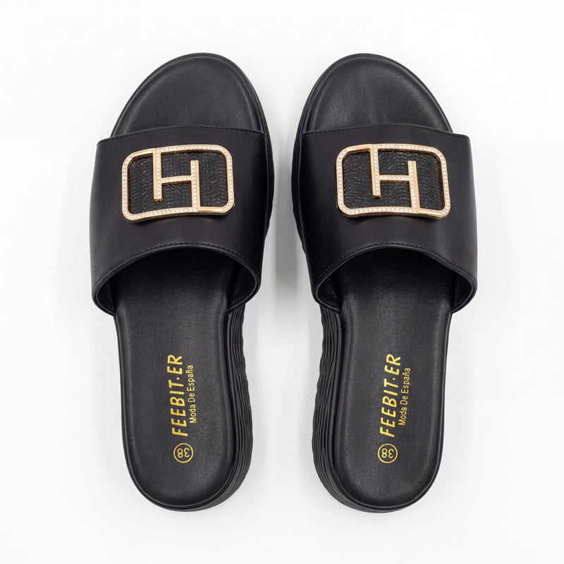 Sandales Femme FEEBIT.ER – Noires à Boucle Strass Dorée – Importées d'Espagne 🇪🇸